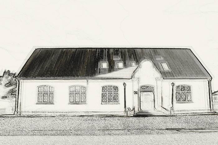 Stregtegning af det gamle missionshus på Vestermøllevej 32